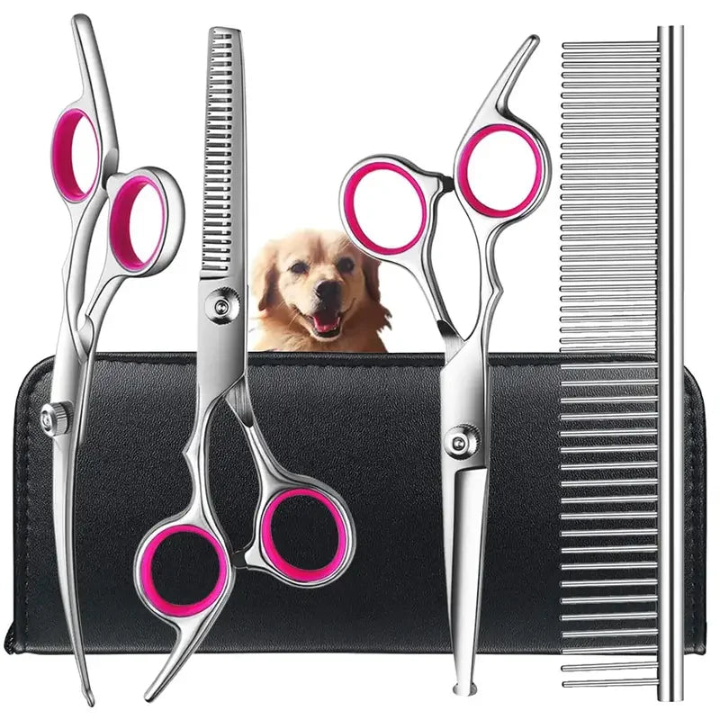 Dog Grooming Scissors Set Stainless Steel Straight Curved Thinning Scissors and Comb 16.5 cm