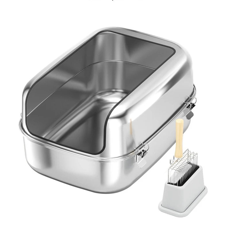 Extra Large Stainless Steel Cat Litter Box Semi Enclosed High Sided Silver 60 × 40 × 30 cm