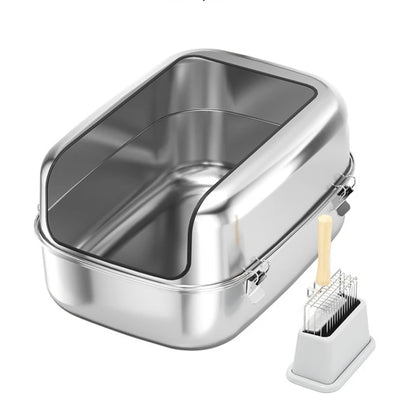 Extra Large Stainless Steel Cat Litter Box Semi Enclosed High Sided Silver 60 × 40 × 30 cm