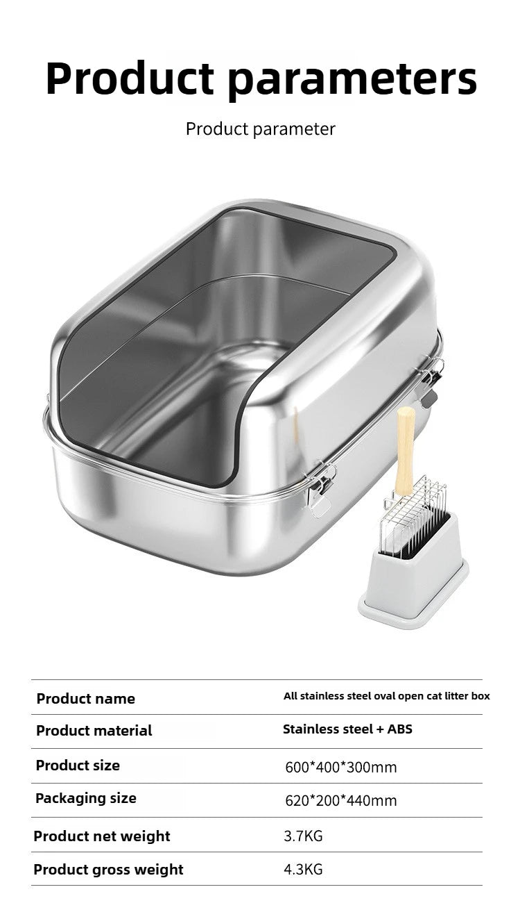 Extra Large Stainless Steel Cat Litter Box Semi Enclosed High Sided Silver 60 × 40 × 30 cm