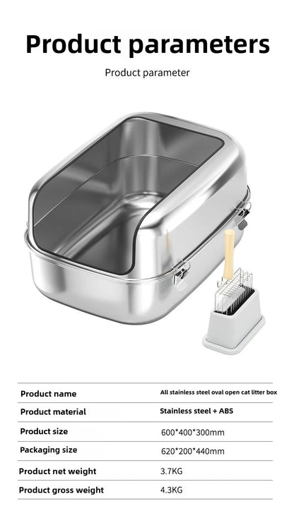 Extra Large Stainless Steel Cat Litter Box Semi Enclosed High Sided Silver 60 × 40 × 30 cm