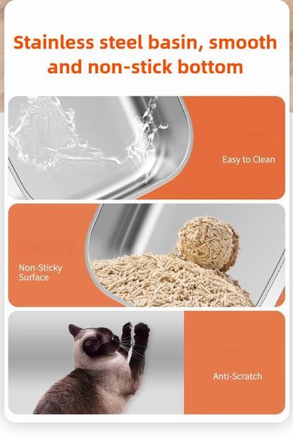Extra Large Stainless Steel Cat Litter Box Semi Enclosed High Sided Silver 60 × 40 × 30 cm