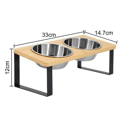 Raised Pet Feeding Bowls with Wooden Stand 15 Degree Tilt Double Stainless Steel Bowls