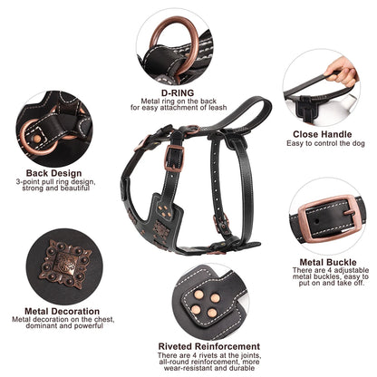 Leather Dog Harness L Adjustable Training Vest with Metal Accessories Black