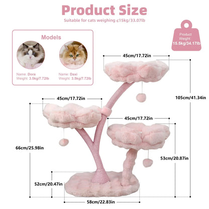 Pink Flower Cat Tree Tower 4 Levels with Scratching Post Cushioned Platforms and Hanging Toy