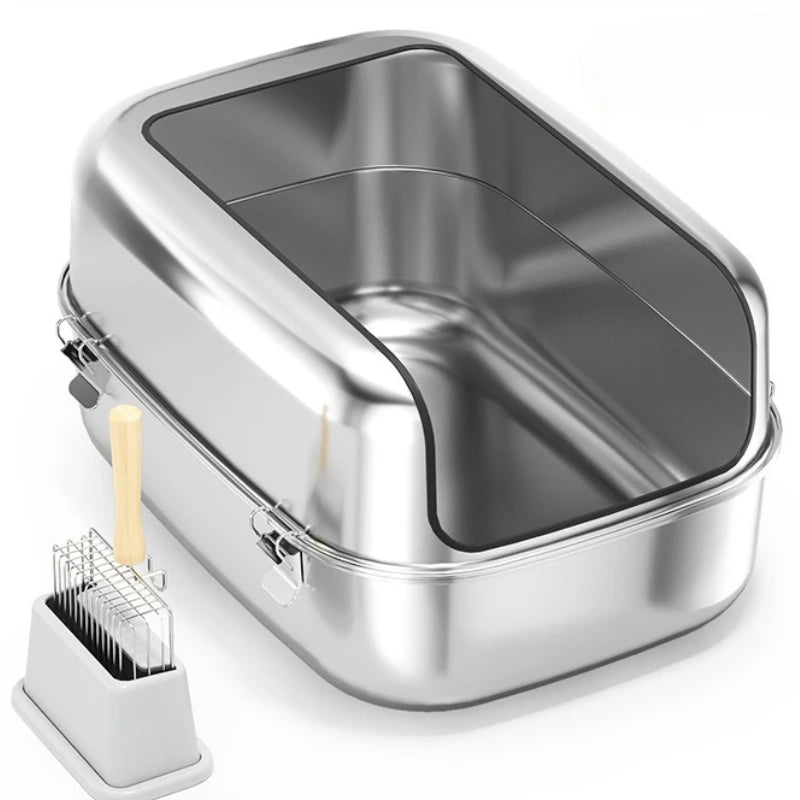 Extra Large Stainless Steel Cat Litter Box Semi Enclosed High Sided Silver 60 × 40 × 30 cm