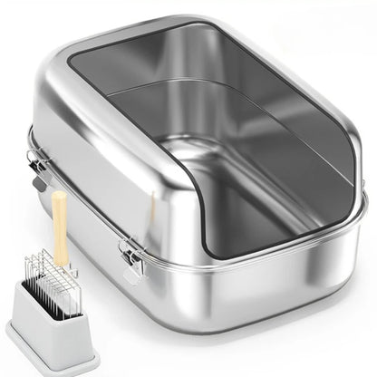 Extra Large Stainless Steel Cat Litter Box Semi Enclosed High Sided Silver 60 × 40 × 30 cm