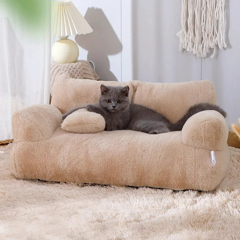 Cat Bed Sofa Plush Pet Bed with Pillow Anti Slip Base Kaki 55 × 38 × 18 cm