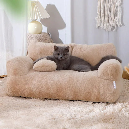 Cat Bed Sofa Plush Pet Bed with Pillow Anti Slip Base Kaki 55 × 38 × 18 cm