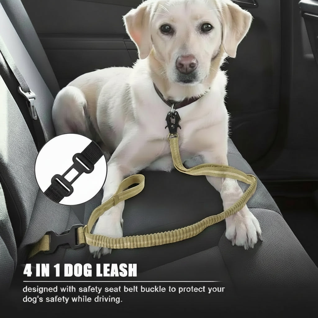 Dog Leash with Shock Absorbing Bungee Dual Handles Metal Clip and Car Seatbelt Khaki