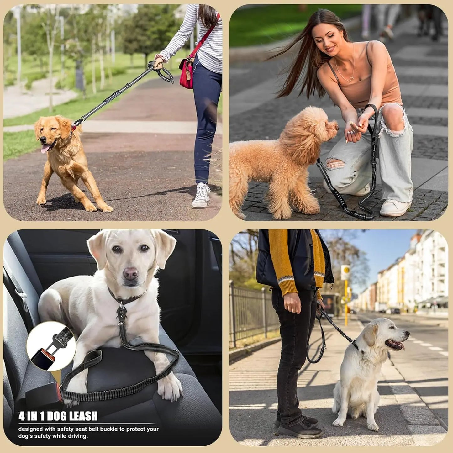 Dog Leash with Shock Absorbing Bungee Dual Handles Metal Clip and Car Seatbelt Black