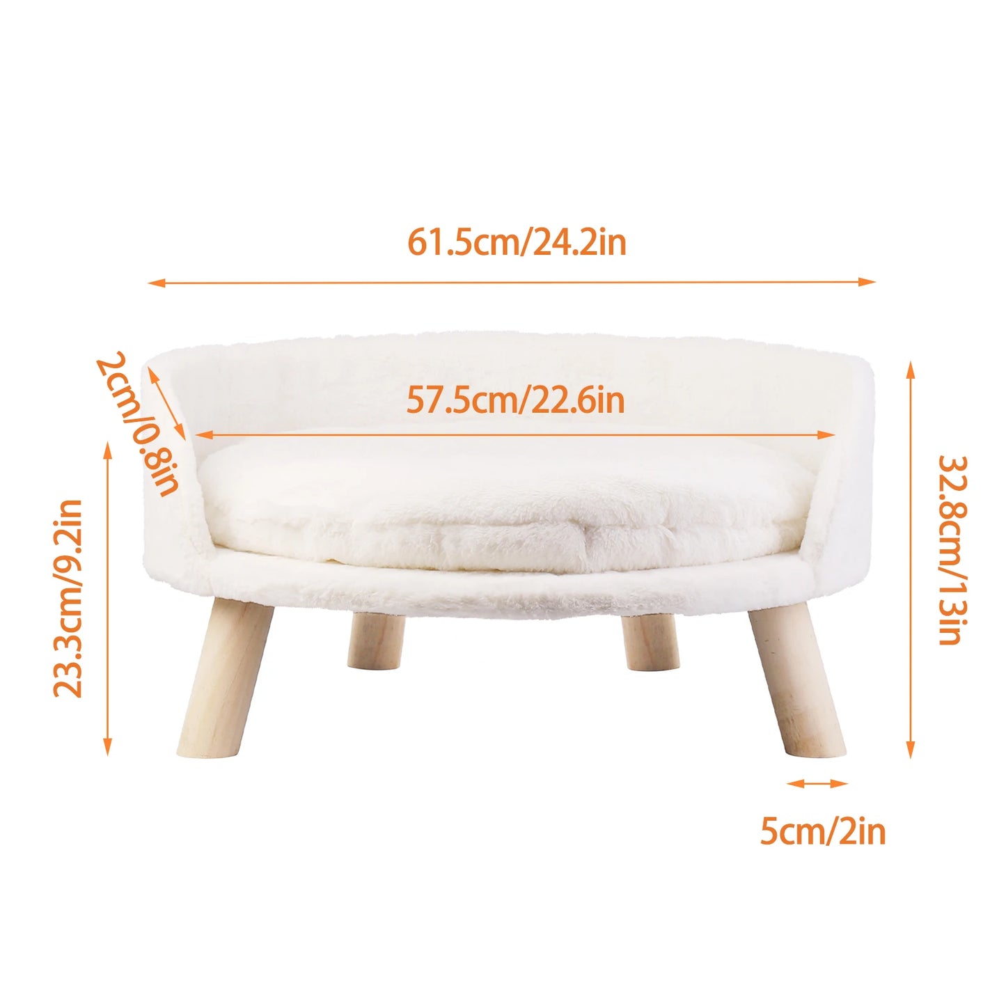 Cat Bed Sofa Plush Fabric Wooden Legs Cushion Pad Large 61.5 cm White