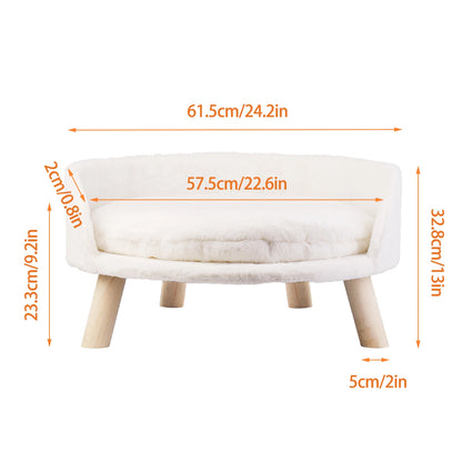 Cat Bed Sofa Plush Fabric Wooden Legs Cushion Pad Large 61.5 cm White