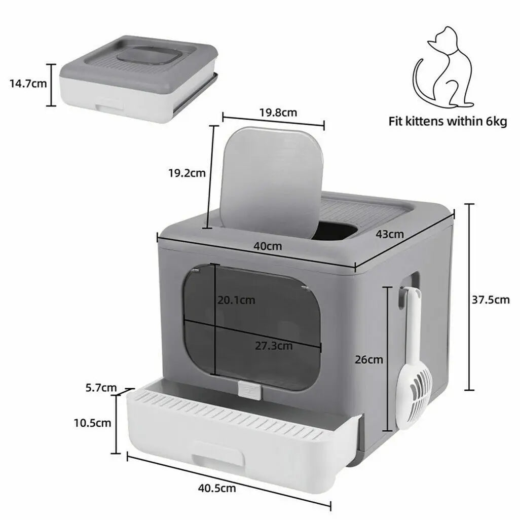 Cat Litter Box PP Semi-Closed Top and Front Entry Foldable Drawer Design 40.5 x 43 x 37.5 cm Grey White