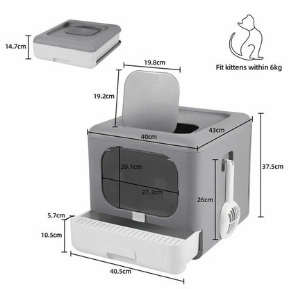 Cat Litter Box PP Semi-Closed Top and Front Entry Foldable Drawer Design 40.5 x 43 x 37.5 cm Grey White