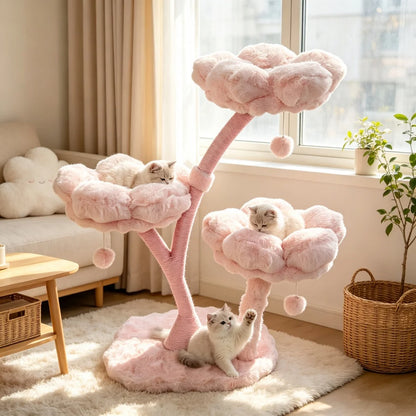 Pink Flower Cat Tree Tower 4 Levels with Scratching Post Cushioned Platforms and Hanging Toy