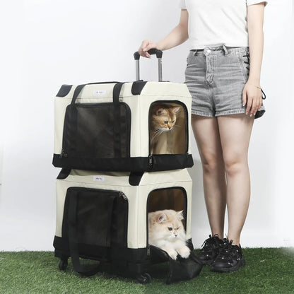 Foldable Double Decker Pet Trolley Carrier Rice Black for Cats and Dogs up to 20kg