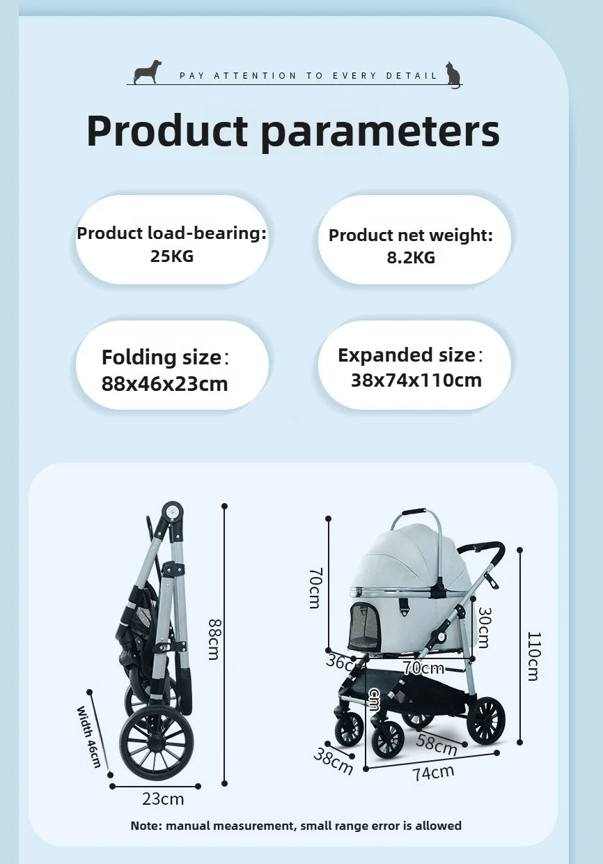 Foldable Pet Stroller Gray Detachable Carrier for Cats and Dogs