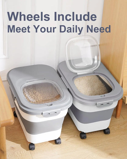 Foldable Pet Food Storage Container with Clear Lid Rolling Wheels and Airtight Lid