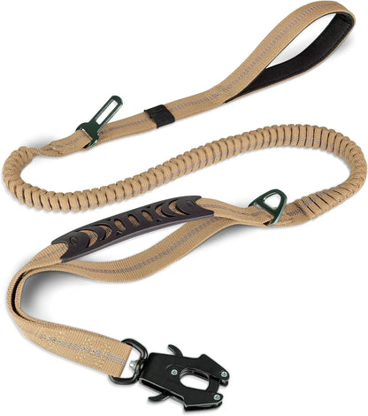 Dog Leash with Shock Absorbing Bungee Dual Handles Metal Clip and Car Seatbelt Khaki