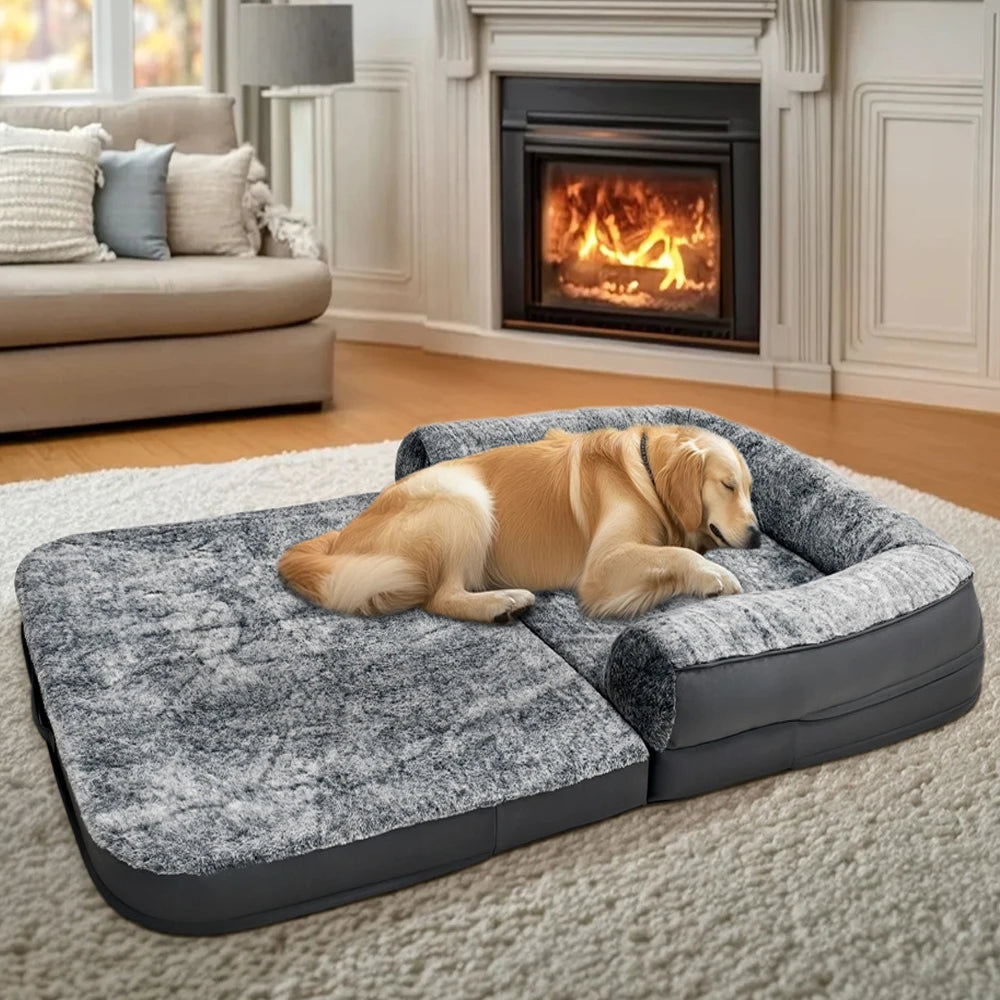 Foldable Human Size Dog Bed with Removable Cover Plush Surface and Sponge Foam Base Grey