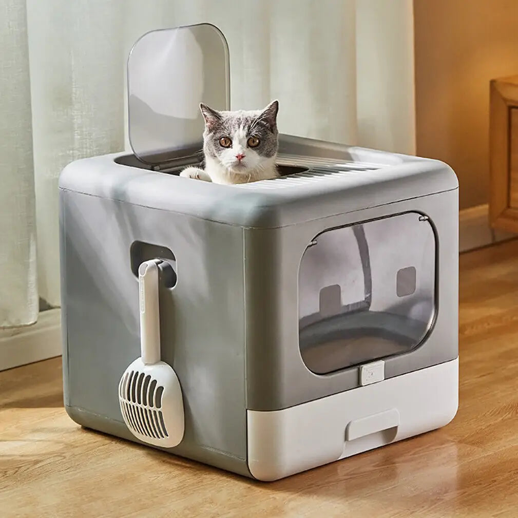 Cat Litter Box PP Semi-Closed Top and Front Entry Foldable Drawer Design 40.5 x 43 x 37.5 cm Grey White