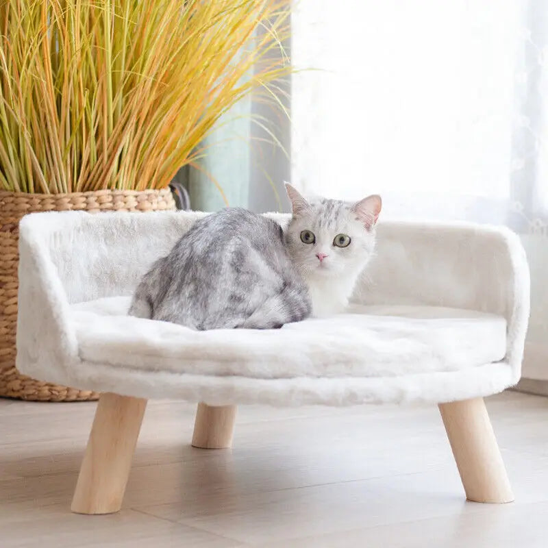 Cat Bed Sofa Plush Fabric Wooden Legs Cushion Pad Small and Medium Pets 41.5cm 61.5cm White