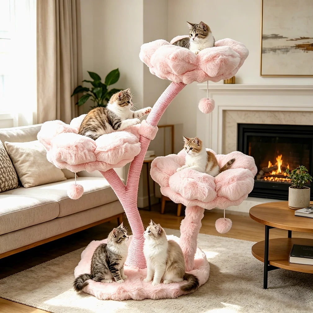 Pink Flower Cat Tree Tower 4 Levels with Scratching Post Cushioned Platforms and Hanging Toy