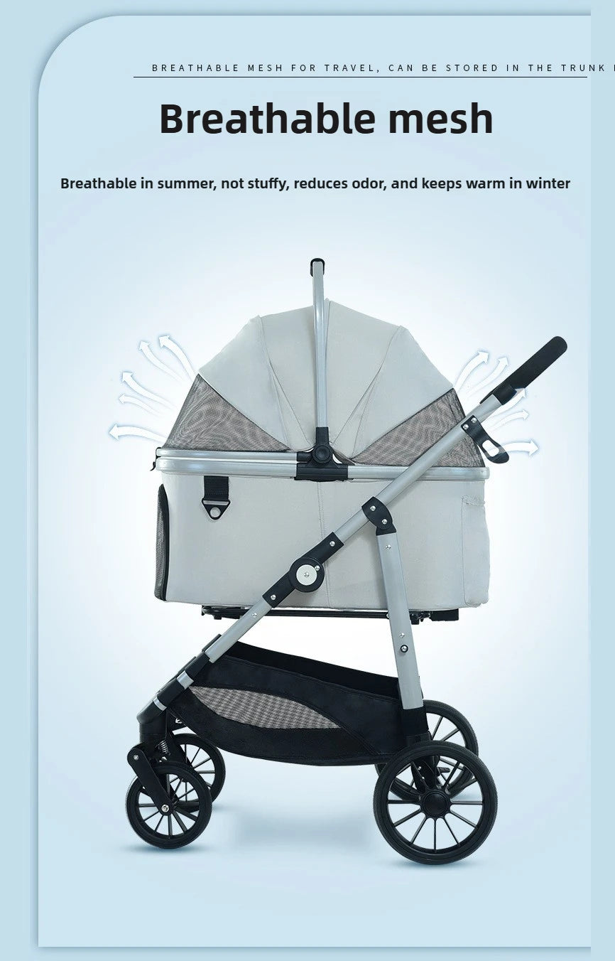 Foldable Pet Stroller Gray Detachable Carrier for Cats and Dogs