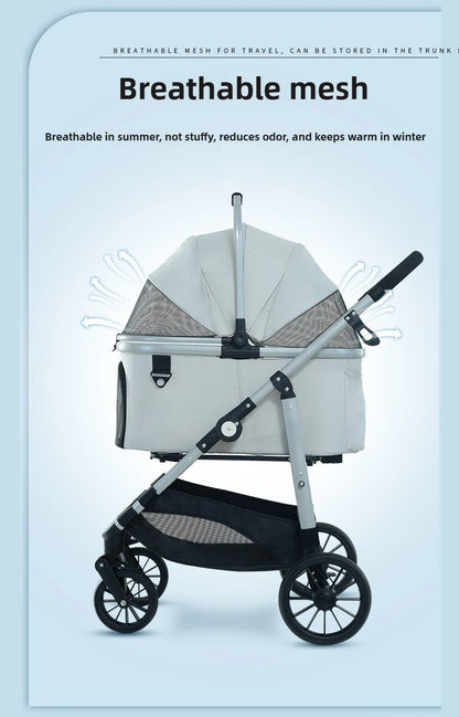 Foldable Pet Stroller Gray Detachable Carrier for Cats and Dogs