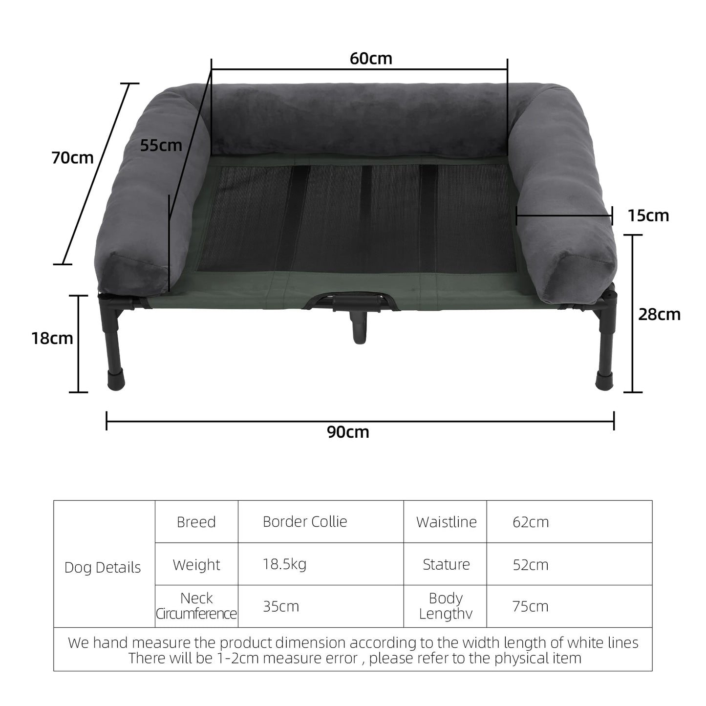 Elevated Pet Bed with Detachable Bolster and Two Covers L 90 x 70 x 28 cm