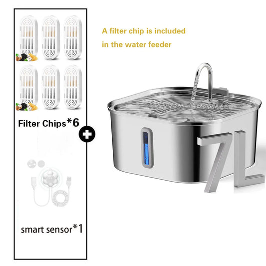 Automatic Pet Water Fountain 7 L Stainless Steel with Water Level Window Filter Chips and Sensor