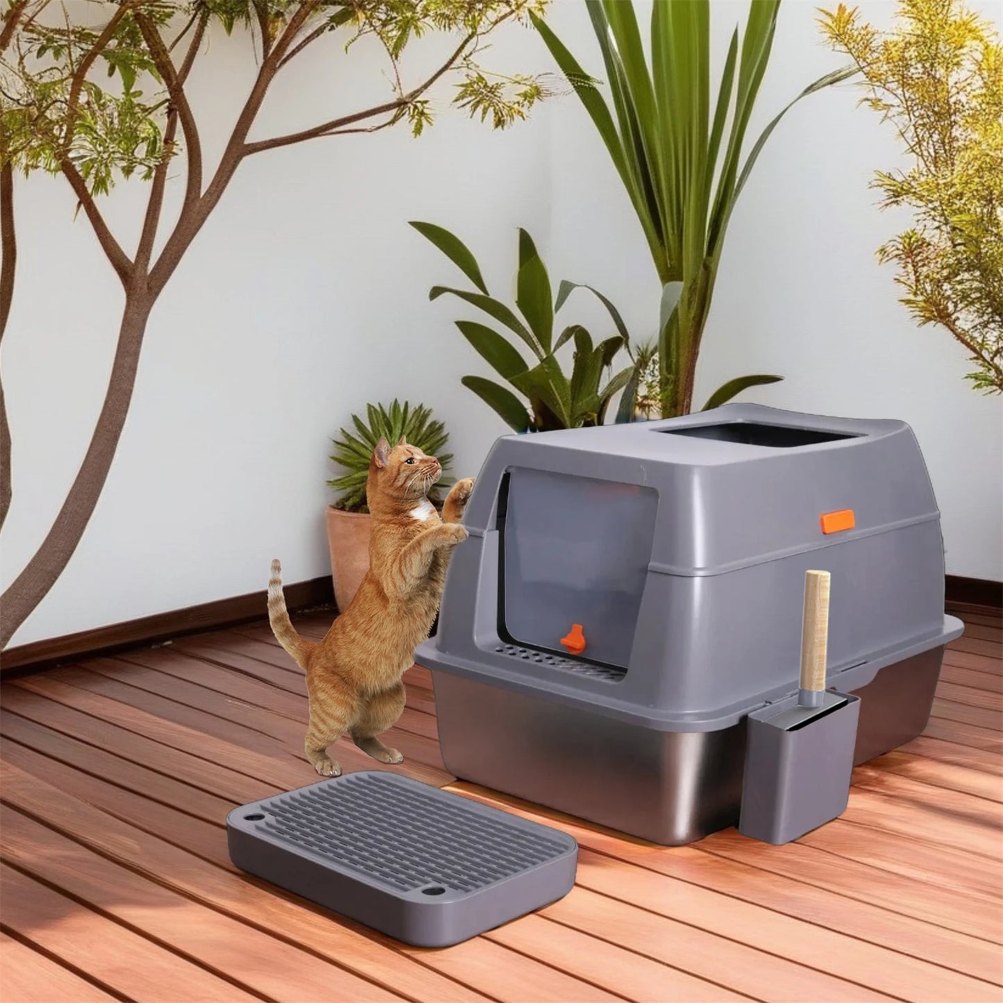 Extra Large Cat Litter Box with Lid Stainless Steel 65 L Capacity High Sides Semi Open or Fully Closed