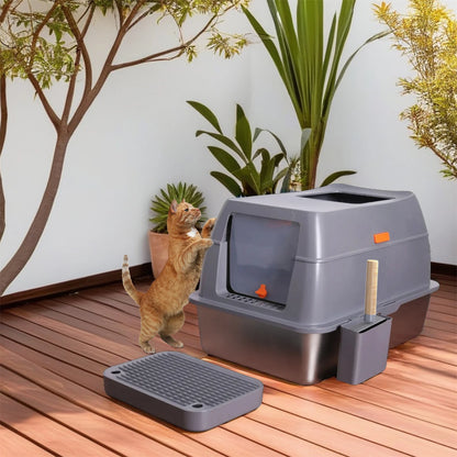 Extra Large Cat Litter Box with Lid Stainless Steel 65 L Capacity High Sides Semi Open or Fully Closed