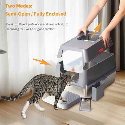 Extra Large Cat Litter Box with Lid Stainless Steel 65 L Capacity High Sides Semi Open or Fully Closed