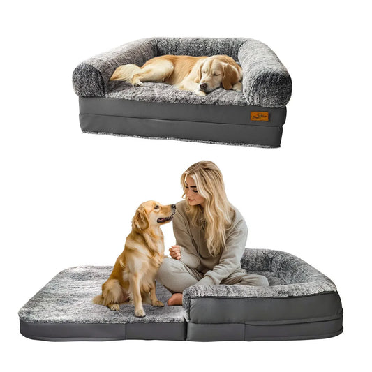 Foldable Human Size Dog Bed with Removable Cover Plush Surface and Sponge Foam Base Grey