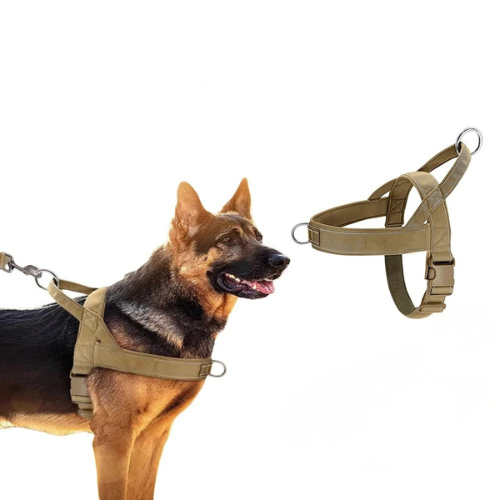 Dog Harness Adjustable Nylon with Handle and Two Leash Buckles XL Khaki
