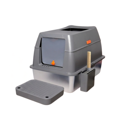 Extra Large Cat Litter Box with Lid Stainless Steel 65 L Capacity High Sides Semi Open or Fully Closed